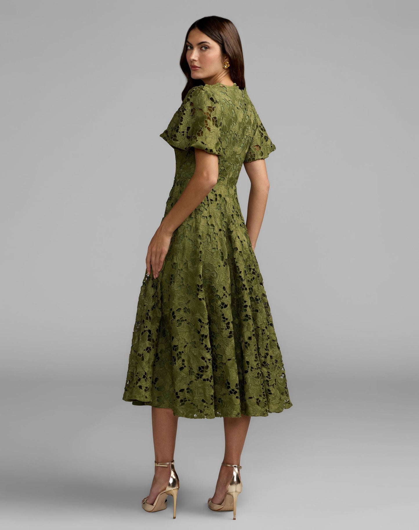 Green Floral Lace Flutter Sleeve Midi Dress