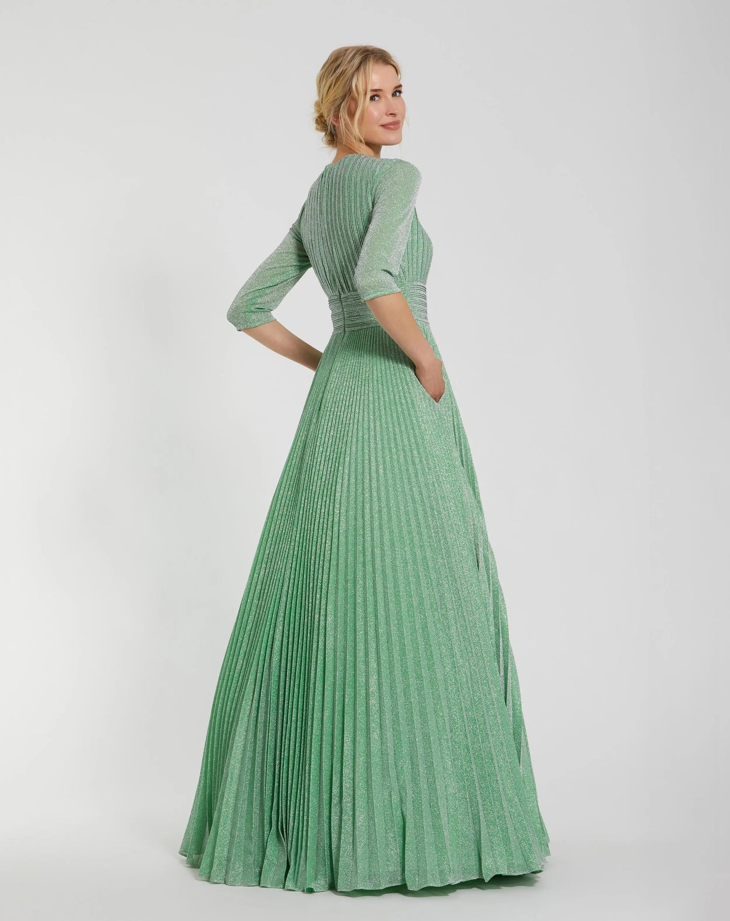 Green Pleated Shimmering 3/4 Sleeve Ball Gown