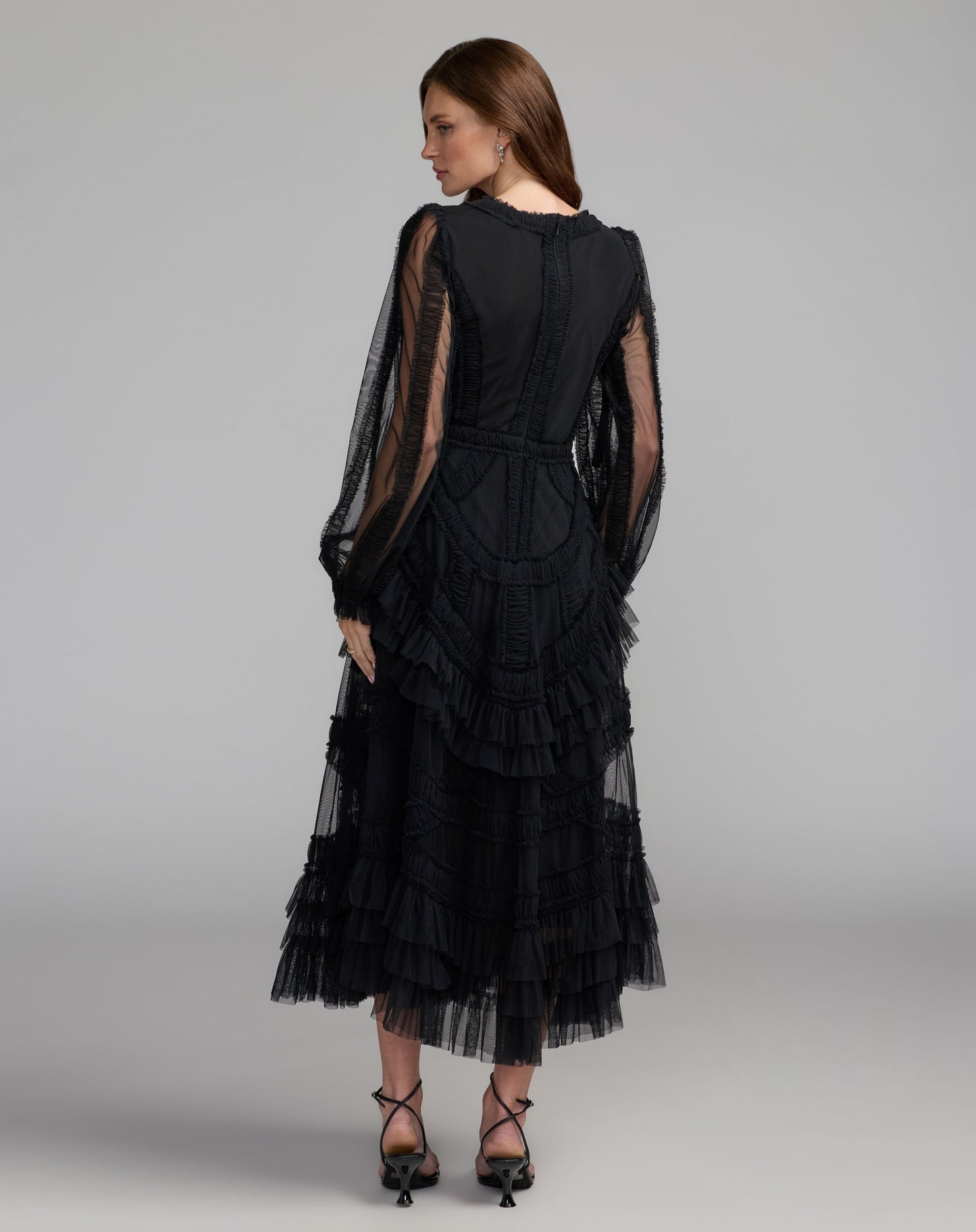 Black Long Sleeve V-Neck Micro Ruffle Midi Dress