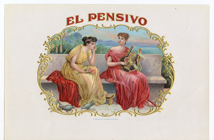 Antique Unused EL PENSIVO Cigar, Tobacco Label || Gold, Embossed, Grecian