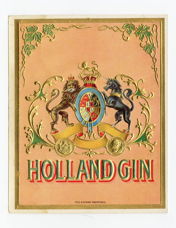 Antique, Unused, Embossed HOLLAND GIN LABEL, Lion, Unicorn