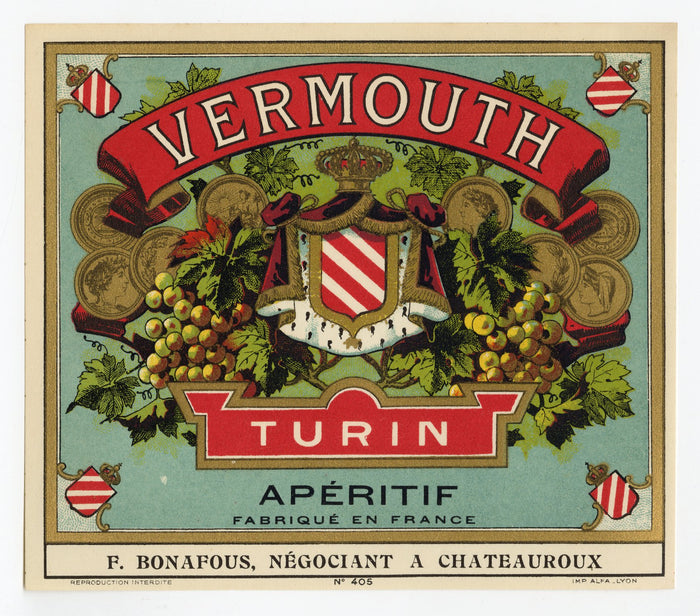 Antique, Unused, French VERMOUTH TURIN LABEL, Aperitif, Alcohol, Gold Ink