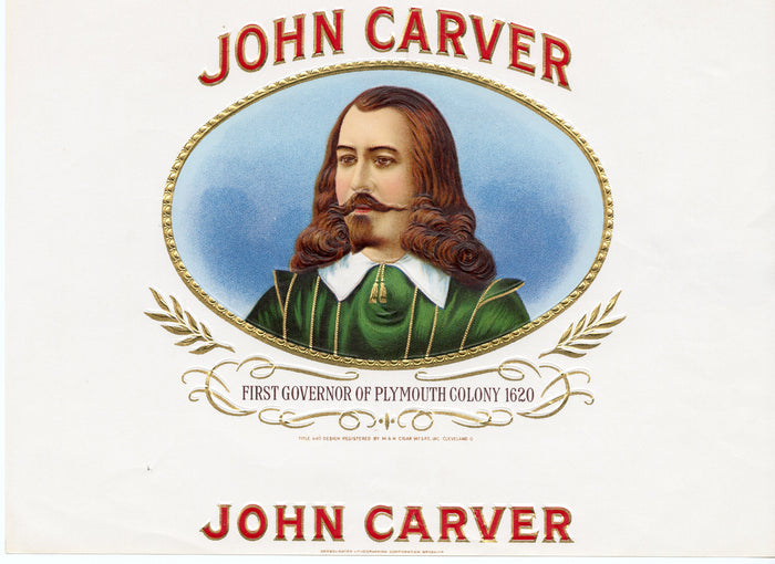 Antique Unused JOHN CARVER Cigar, Tobacco Label || Gold, Embossed, Plymouth