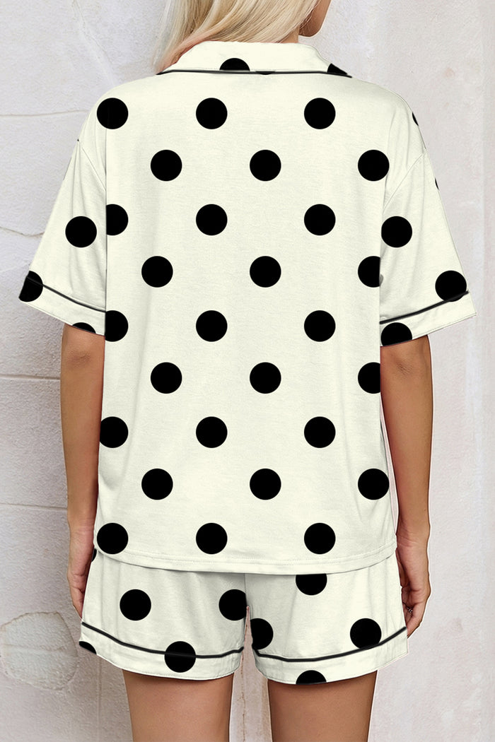 Beige Polka Dot Print Lapel Shirt Drawstring 2pcs Short Pajama Set 🇺🇸