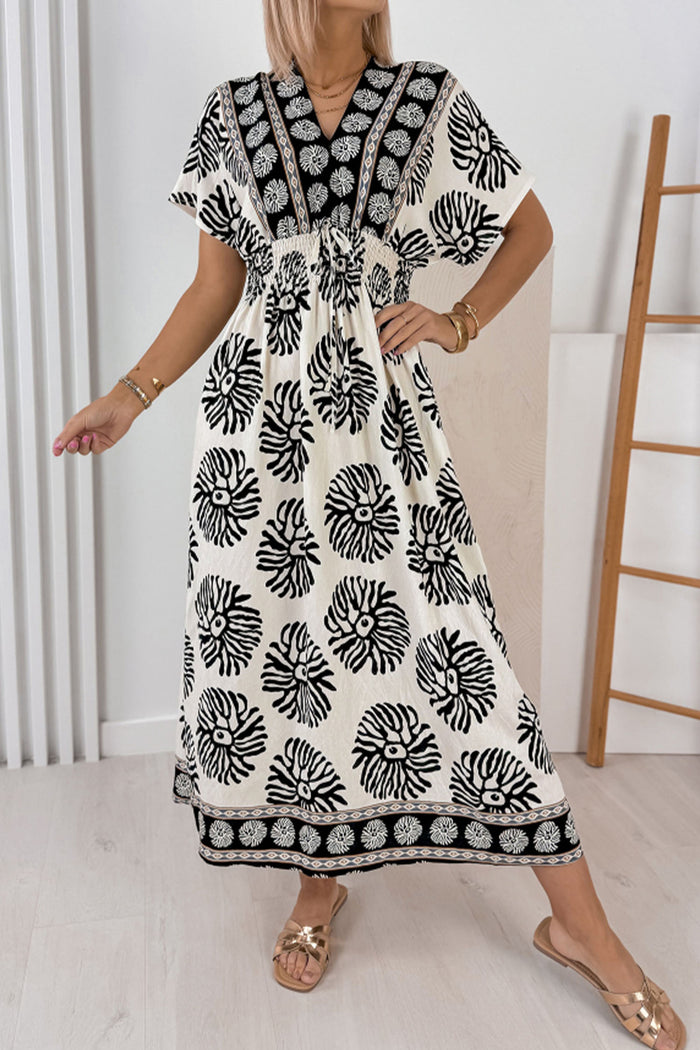 Blue Boho Floral Print Contrast Patchwork V Neck Dolman Maxi Dress 🇺🇸