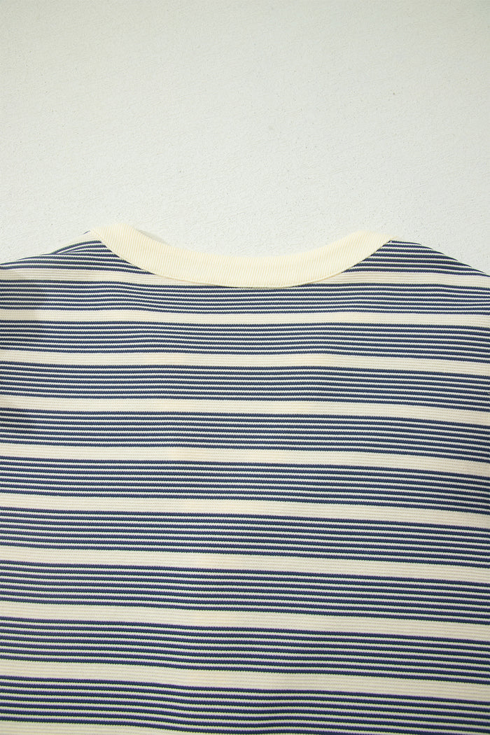 Blue Stripe Plus Size Contrast Trim Button V Neck Ruffle Sleeve Shift Dress 🇺🇸
