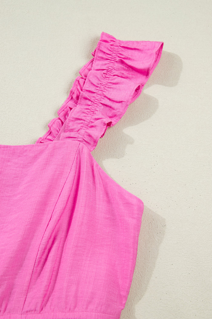 Bonbon Solid Color Ruffle Trim High Waist Sleeveless Maxi Dress 🇺🇸