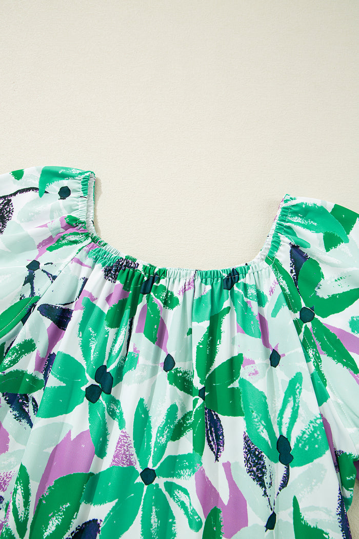 Green Floral Print Shirred Square Neck Loose Fit Mini Dress 🇺🇸