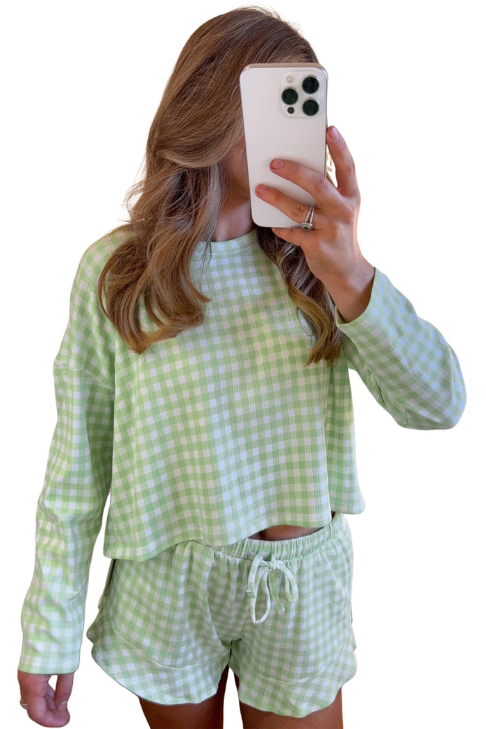 Green Gingham Long Sleeve Loose Top Drawstring Shorts 2pcs Lounge Set 🇺🇸