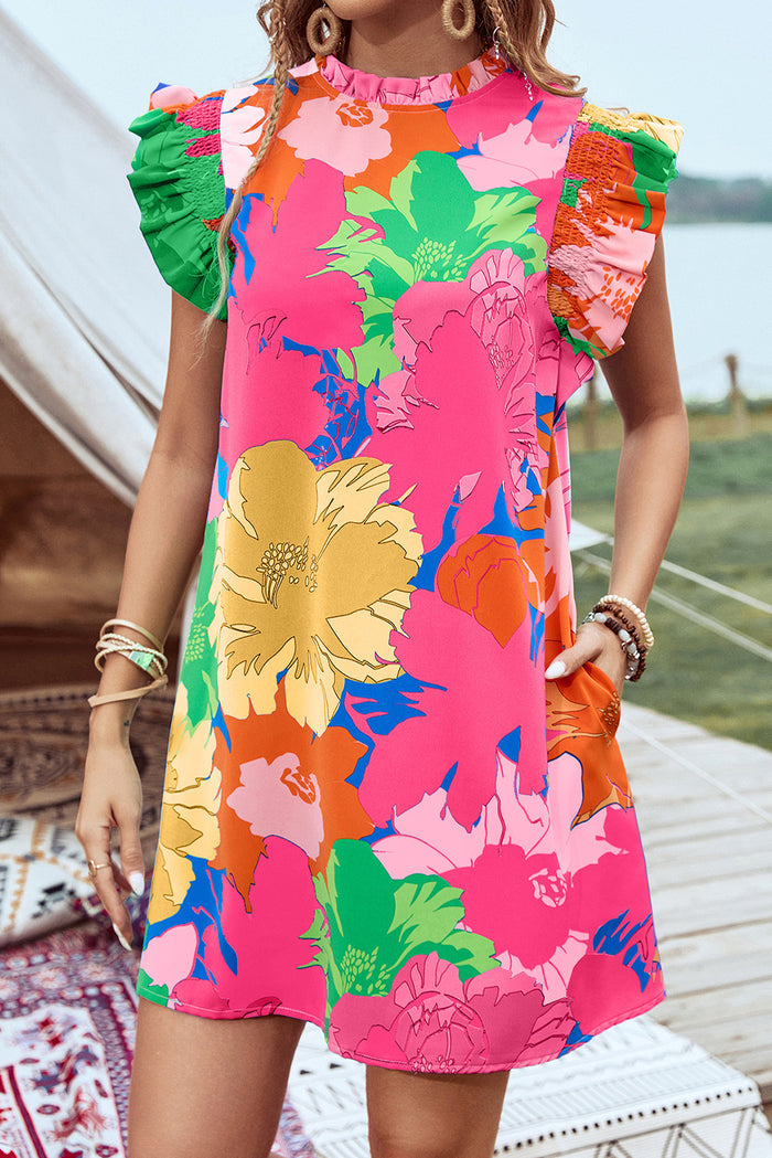 Pink Bold Floral Flutter Sleeve Shift Mini Dress with Pockets 🇺🇸