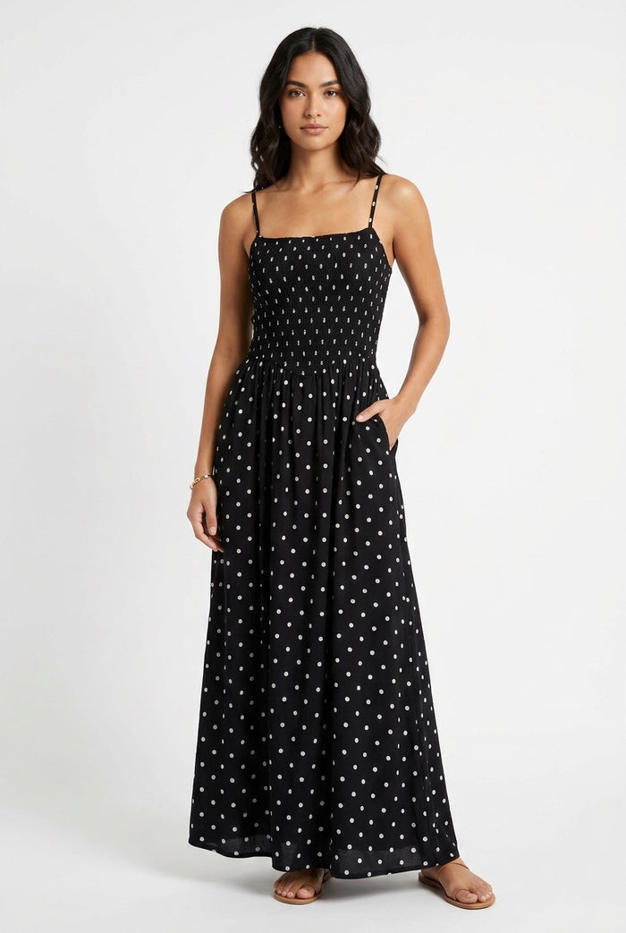 Poka dot smicked basque waist midi dress