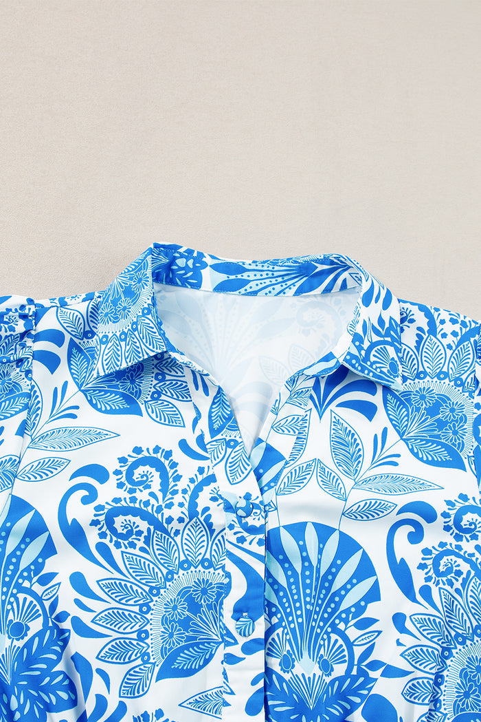 Sky Blue Retro Floral Print Drawstring Waist Ruffled Mini Dress 🇺🇸
