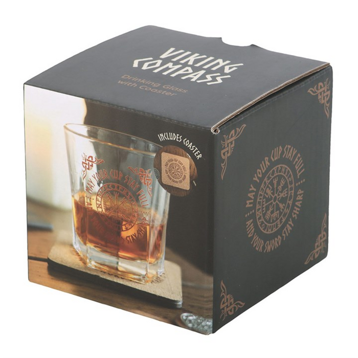 Viking Compass Lowball Drinking Glass with Coaster 🇬🇧