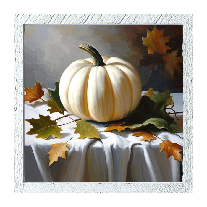 White pumpkin on table cloth