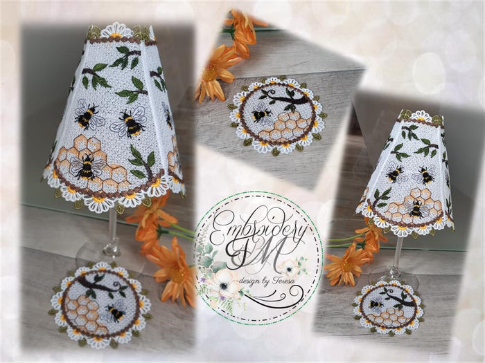 Wine glass shades with bees + coaster/5x7 hoop