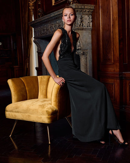 Chantal Plunging Metallic Lace Gown