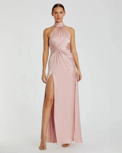 Open Back High Neck Side Ruched Gown