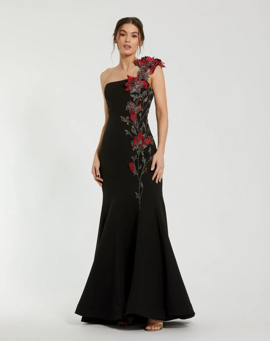Black One Shoulder Embroidered Mermaid Gown