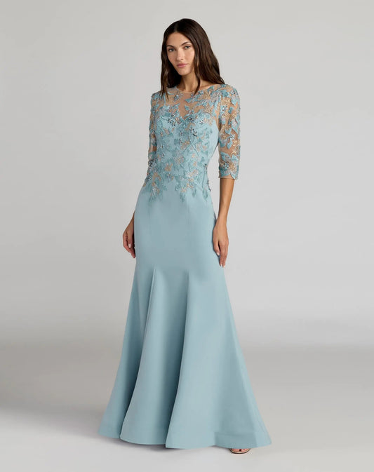 Blue Embroidered Crepe Mermaid Gown With 3/4 Sleeves