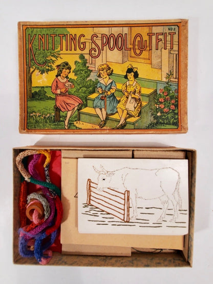 1920's Antique KNITTING SPOOL OUTFIT Children's Game, Nearly Complete