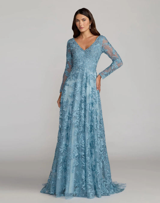 Blue Embroidered Long Sleeve A-Line Gown