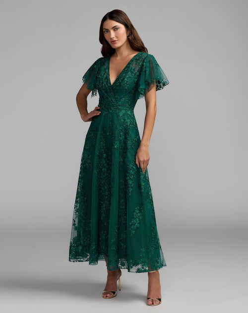 Green Embroidered Flutter Sleeve A Line Dress
