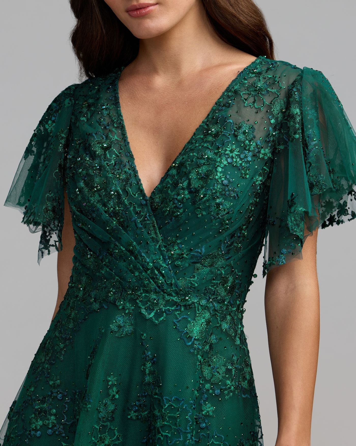 Green Embroidered Flutter Sleeve A Line Dress