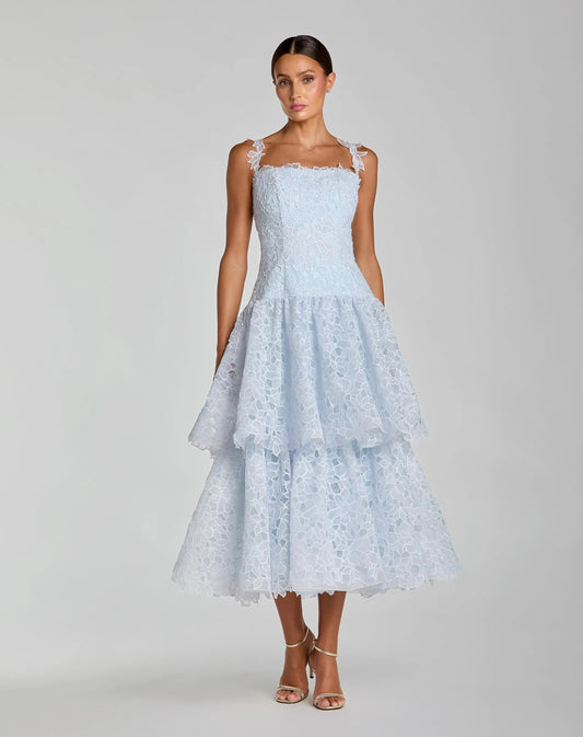 Blue Sleeveless Embroidered Lace Tiered Midi Dress