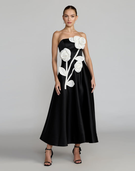 Black Strapless Satin A-Line Dress With 3D Flowers