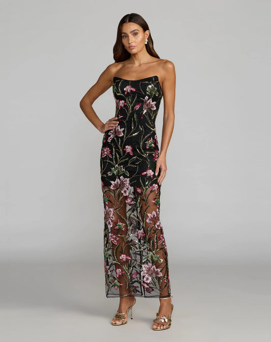 Black Strapless Floral Embroidered Column Dress
