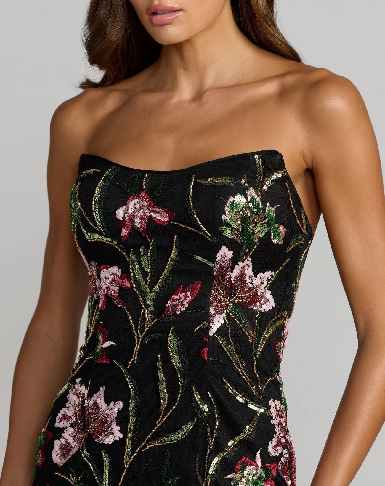 Black Strapless Floral Embroidered Column Dress