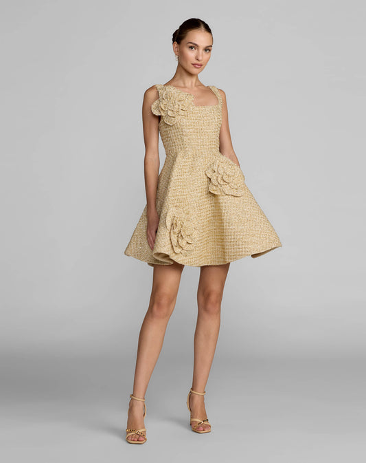Gold Boucle Floral Applique Mini Dress With Pockets