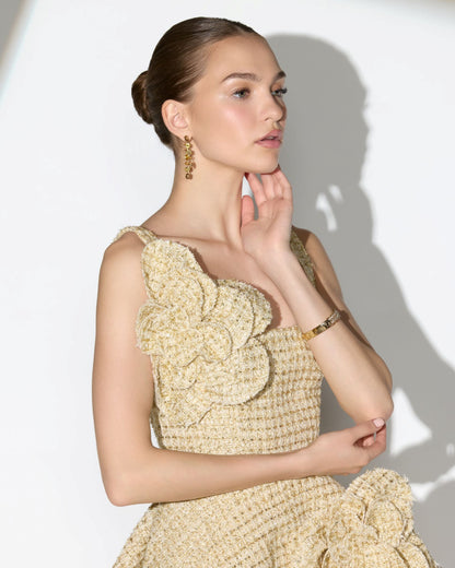 Gold Boucle Floral Applique Mini Dress With Pockets