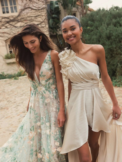 Beige Ruffled One Shoulder Cut Out Hi-Low Gown