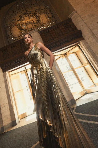 Gold Metallic Pleated One Shoulder Gown