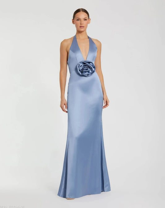 Blue Halter Neck Open Back Satin Gown With 3D Rosette