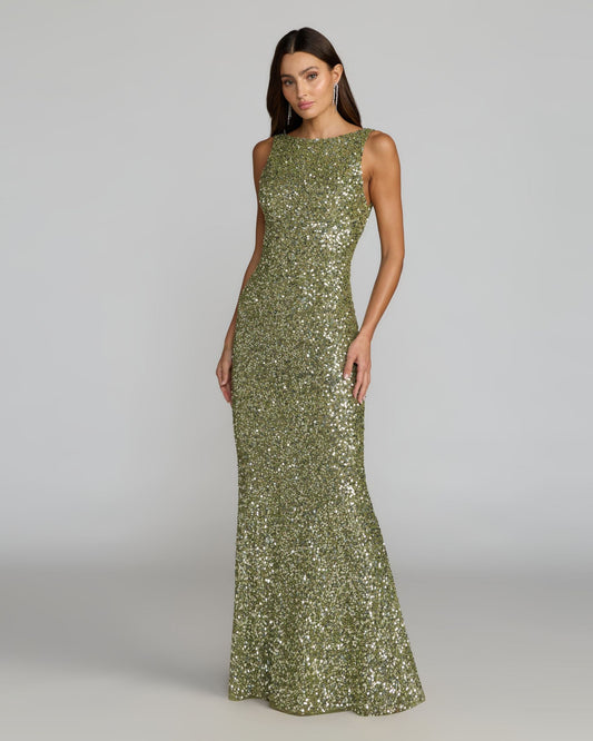 Green Sequin Open Back Column Gown