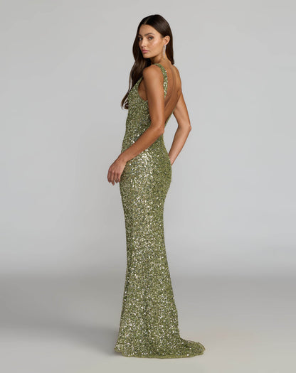 Green Sequin Open Back Column Gown