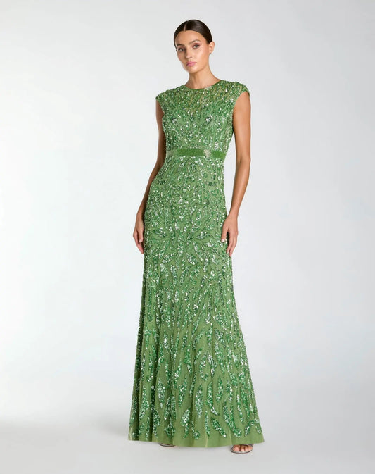 Green Embellished High Neck Cap Sleeve Gown