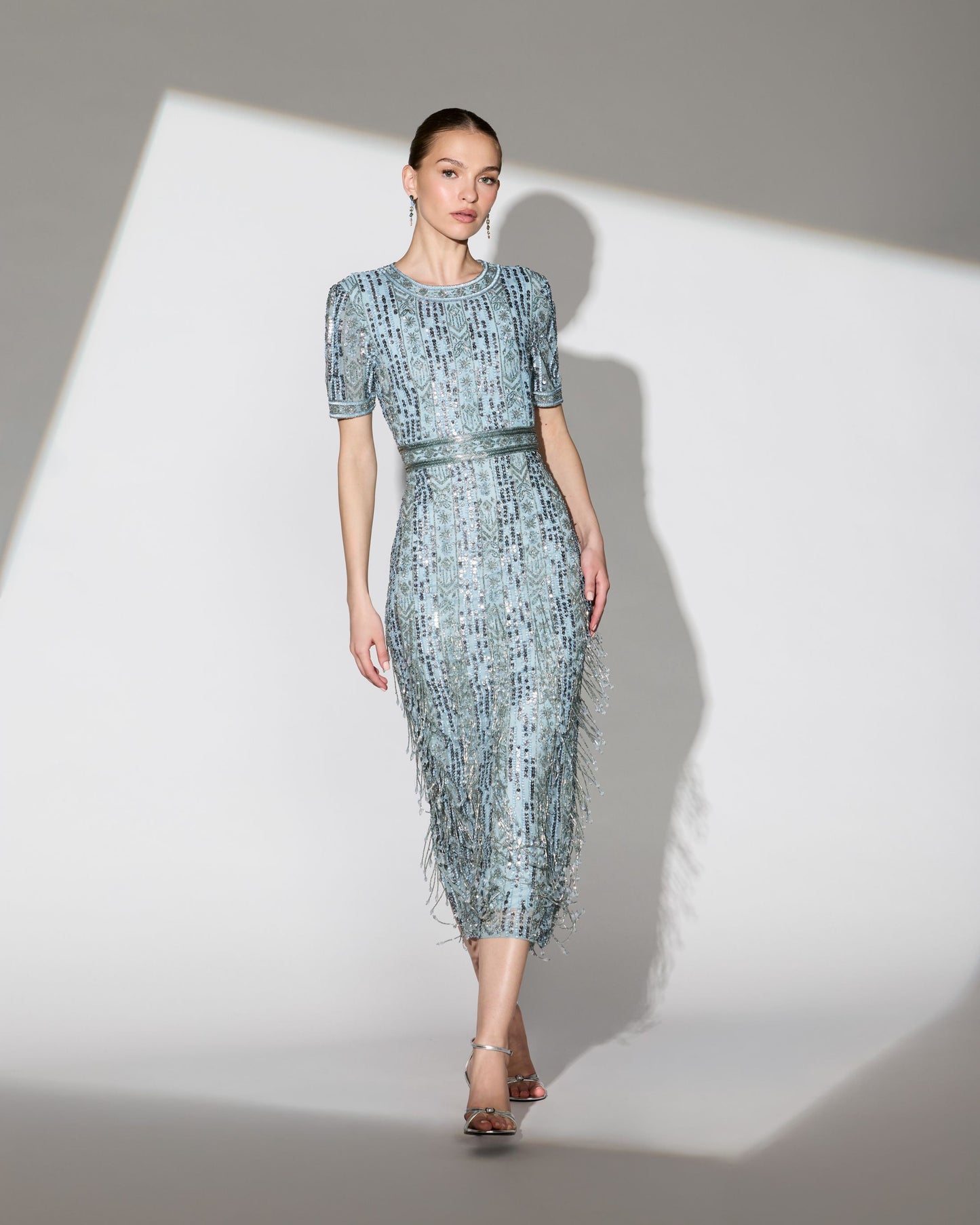 Blue High Neck Short Sleeve Crystal Fringe Sheath Dress
