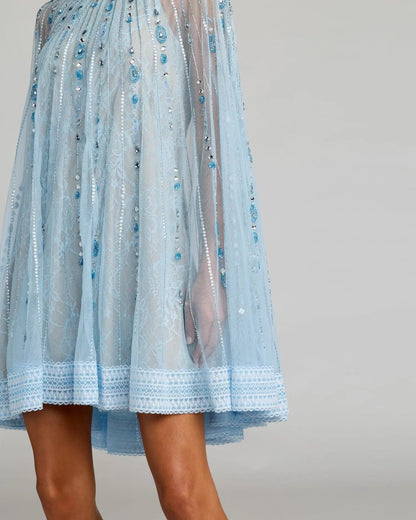 Blue Beaded Lace Cape Sleeve Mini Dress