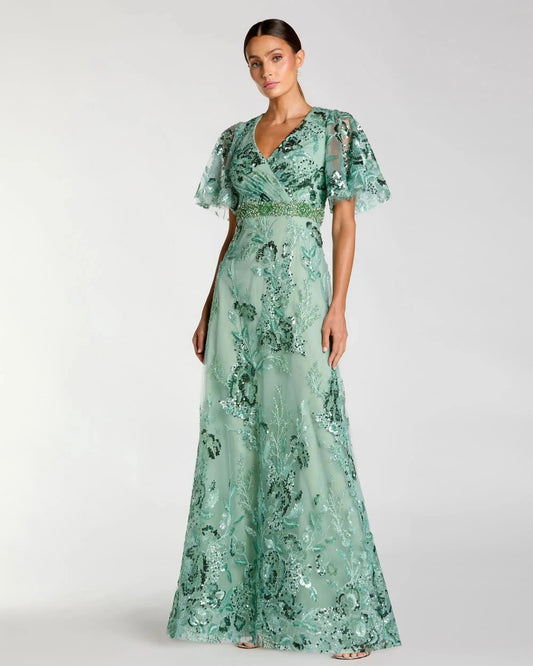 Floral Embellished Short Sleeve Gown