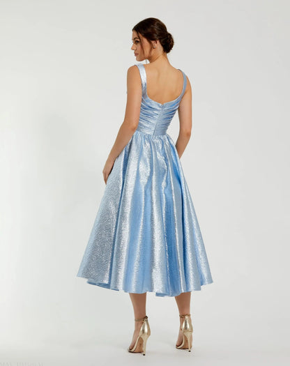 Blue Square Neck Sleeveless Metallic Midi Dress