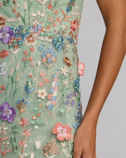 Green One Shoulder Floral Embroidered Gown