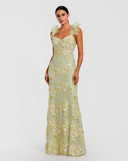 Green Embroidered Lace Floral Gown with Ruffle Straps