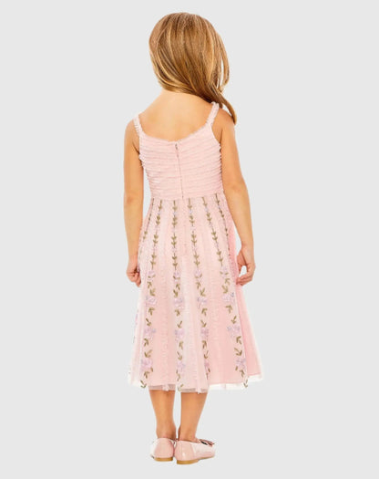 Girls Pink Ruffle Floral Embroidered Detail Midi Dress