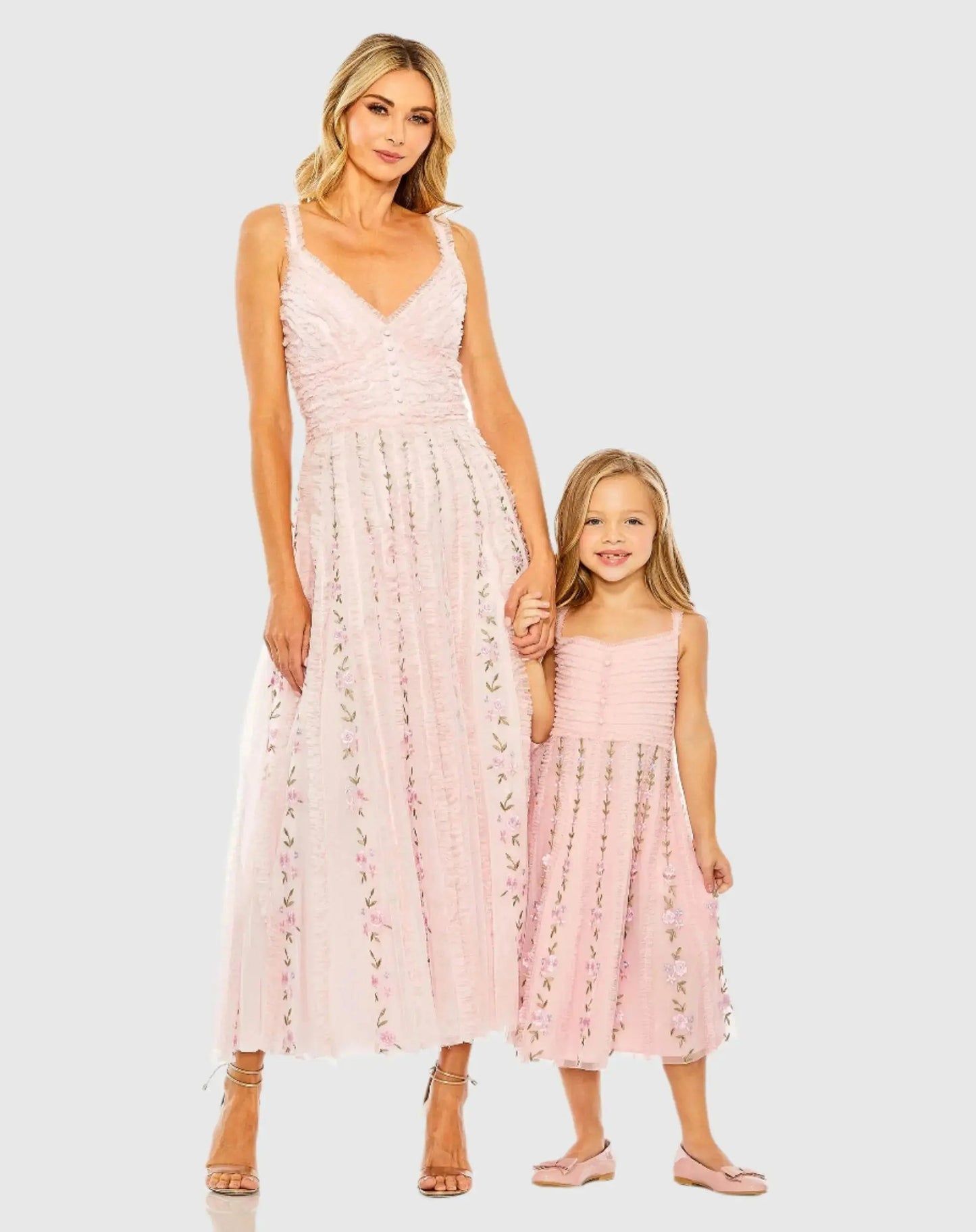 Girls Pink Ruffle Floral Embroidered Detail Midi Dress