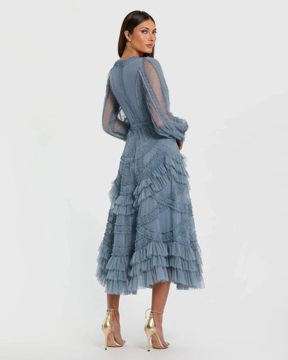 Blue Long Sleeve V-Neck Micro Ruffle Midi Dress