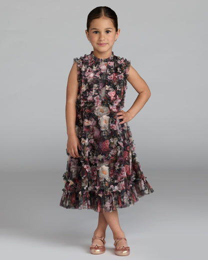 Girls Black Floral High Neck Ruffle Dress