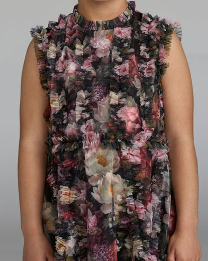 Girls Black Floral High Neck Ruffle Dress